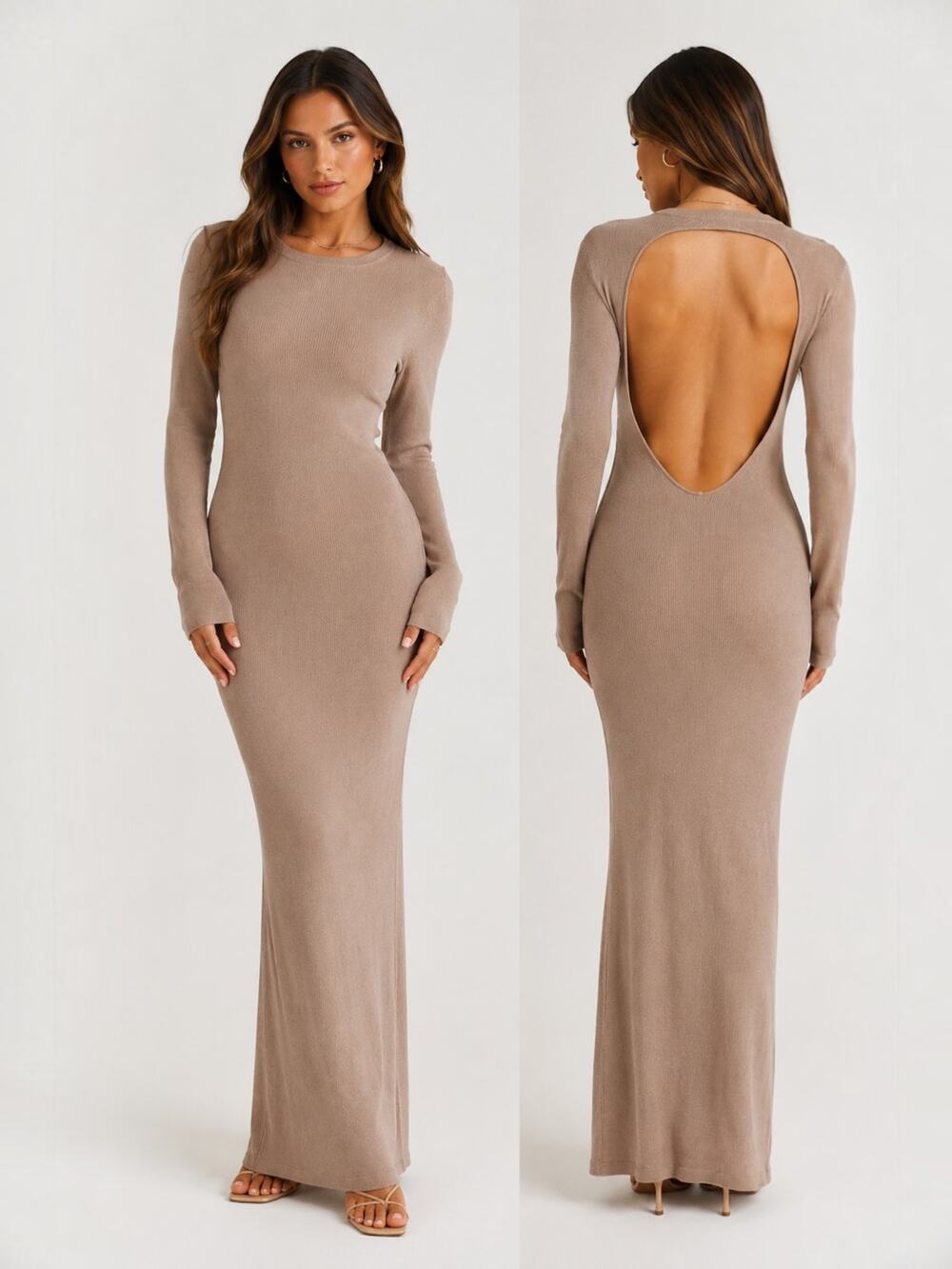 BOA Fine Knit Open Back Maxi Dress Stone Long Sleeve Bodycon NWT Size M